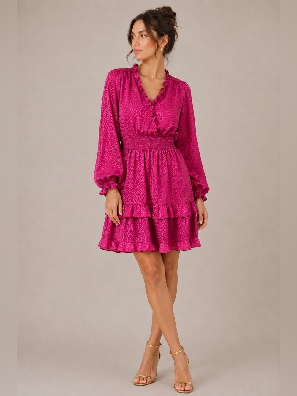 Emma & Michele Pink Jacquard Dress M Ruffle Tiered Mini Wedding Guest Spring